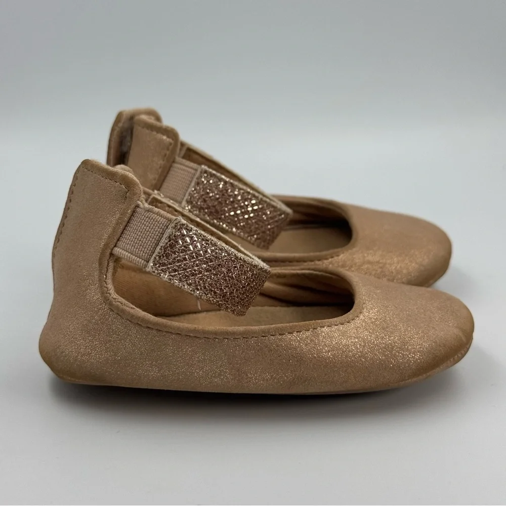 Nine West Tan and Gold Shimmer Ballet Flats Size 3 Hook and Loop Shimmer